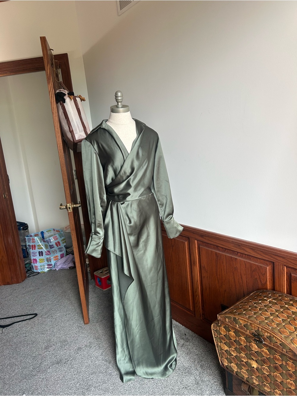 XSCAPE Satin Olive Wrap Dress in Sage Green